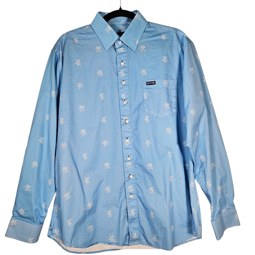 Grateful Dead Shirt Mens M Blue Dancing Bear Long Sleeve Button Up Hippie Grunge